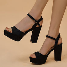 Load image into Gallery viewer, Lucyever - Schwarze Flock Plateau Sandalen