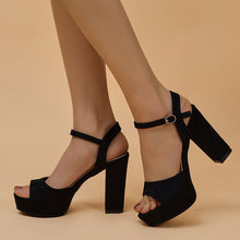 Load image into Gallery viewer, Lucyever - Schwarze Flock Plateau Sandalen