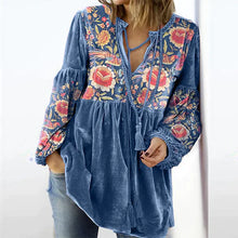 Load image into Gallery viewer, Calliope - Frauen Bluse Vintage Print V-Ausschnitt Langarmshirt