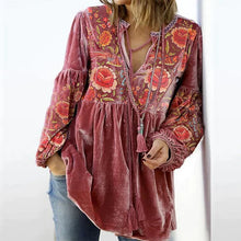 Load image into Gallery viewer, Calliope - Frauen Bluse Vintage Print V-Ausschnitt Langarmshirt
