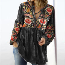 Load image into Gallery viewer, Calliope - Frauen Bluse Vintage Print V-Ausschnitt Langarmshirt