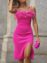 Load image into Gallery viewer, Uni - Feder Besatz Hoch Schlitz Partei Kleid